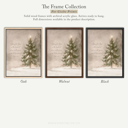 The image is a collection of three framed prints depicting a snowy landscape with a Christmas tree. The frames are solid wood and have archival acrylic glass, which allows them to be hung and provides full dimensions in the product description.