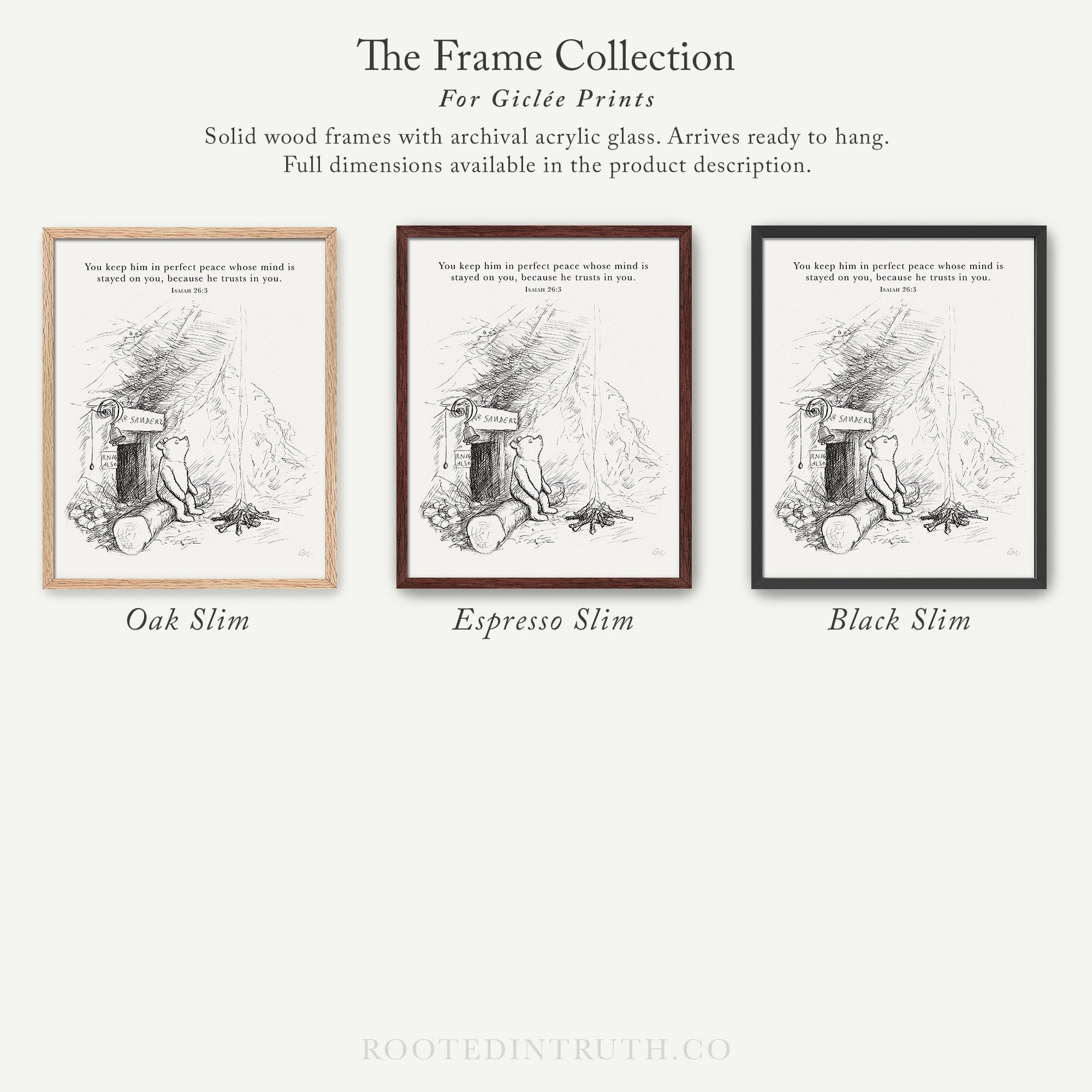 The image is a collection of three framed prints, each with a different wood finish and color, arranged in a row. The text describes the frames and their features, such as the use of archival acrylic glass and the availability of full dimensions in the product description.