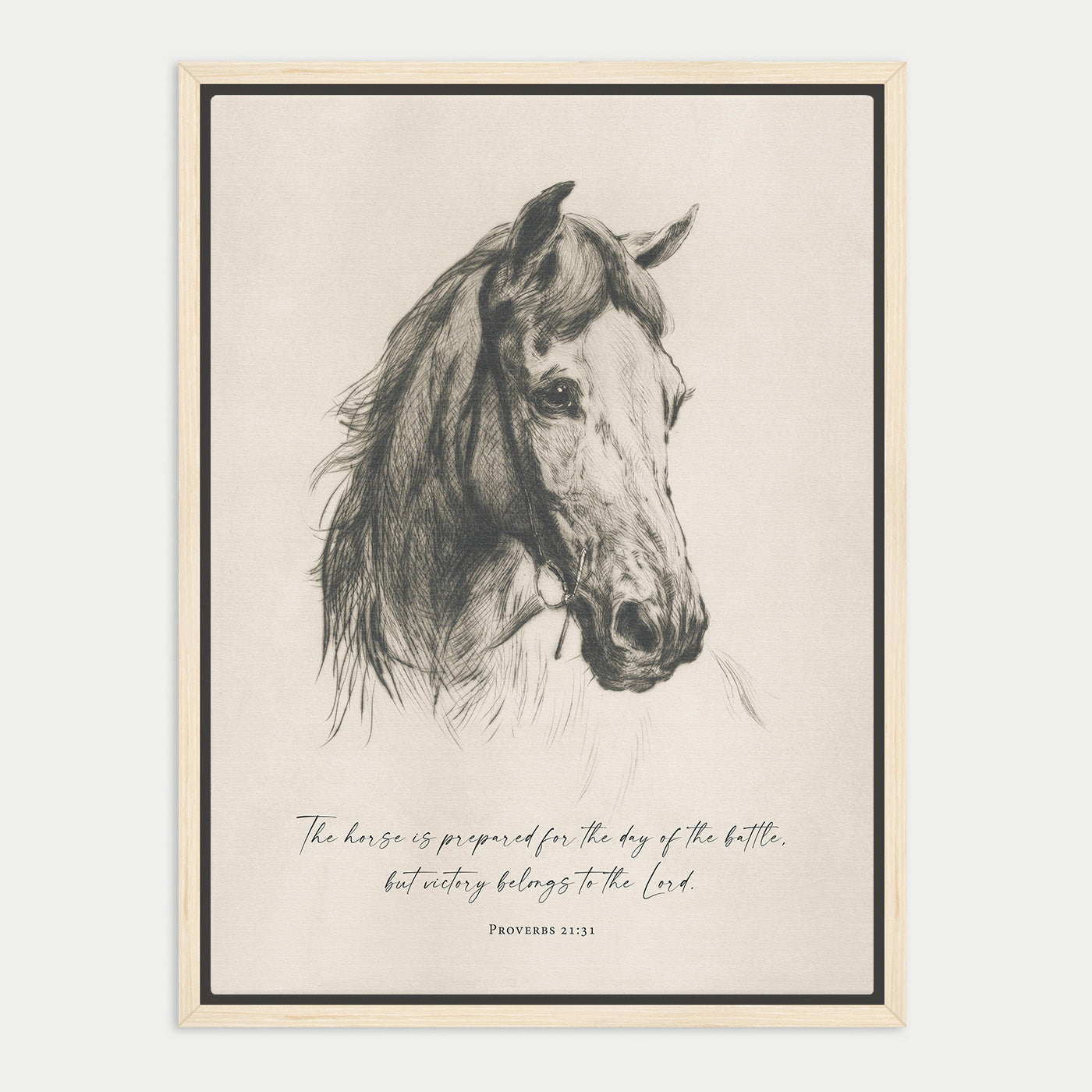 The image is a black and white illustration of a horse's head, with a quote from the Bible below it.