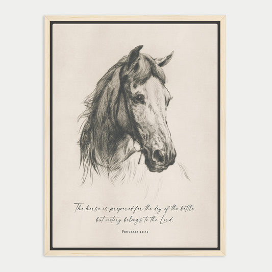 The image is a black and white illustration of a horse's head, with a quote from the Bible below it.