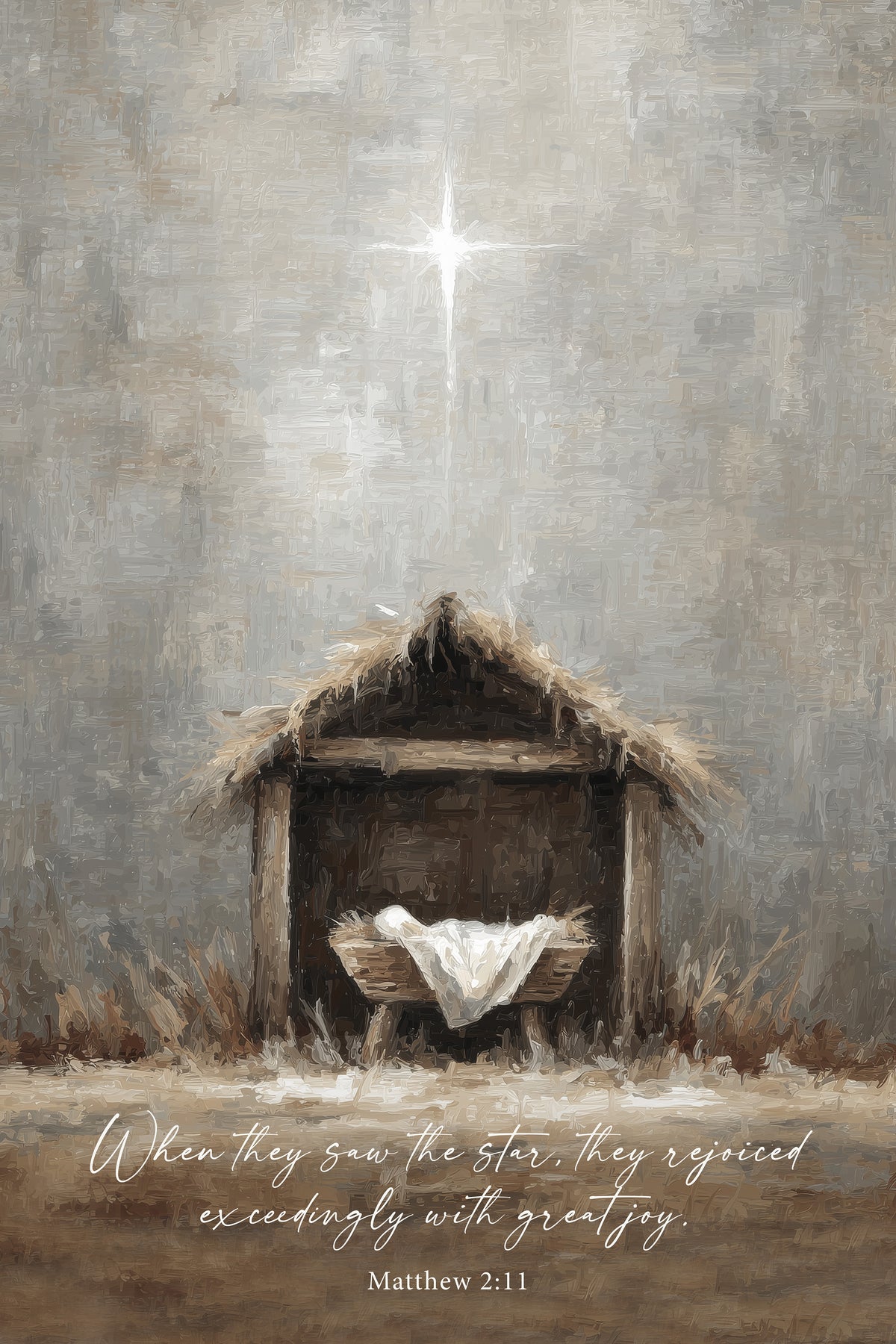 a nativity scene with a manger, a wooden structure with a straw roof, and a baby in a manger. Above the manger, a bright star shines in the sky. The text below the image reads, "When they saw the star, they celebrated exceptionally with great joy. Matthew 2:11".
