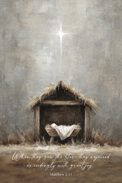 a nativity scene with a manger, a wooden structure with a straw roof, and a baby in a manger. Above the manger, a bright star shines in the sky. The text below the image reads, "When they saw the star, they celebrated exceptionally with great joy. Matthew 2:11".