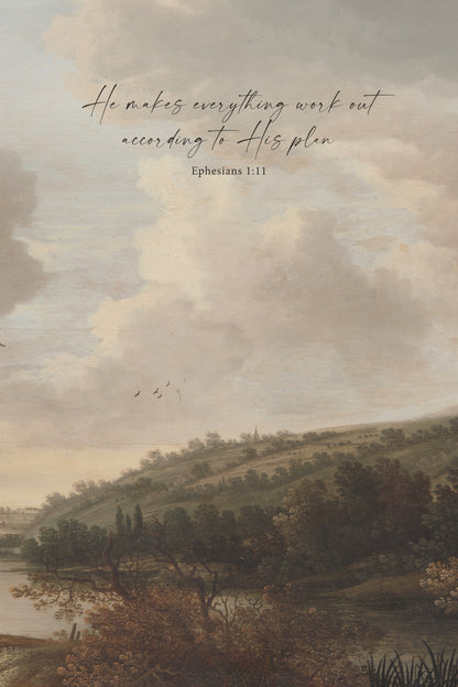 The image is a landscape painting depicting a serene countryside scene with rolling hills, trees, and a body of water. The sky is filled with clouds, creating a peaceful and tranquil atmosphere. The painting is accompanied by a Bible verse from Ephesians 1:11, which provides a spiritual perspective on the scene.