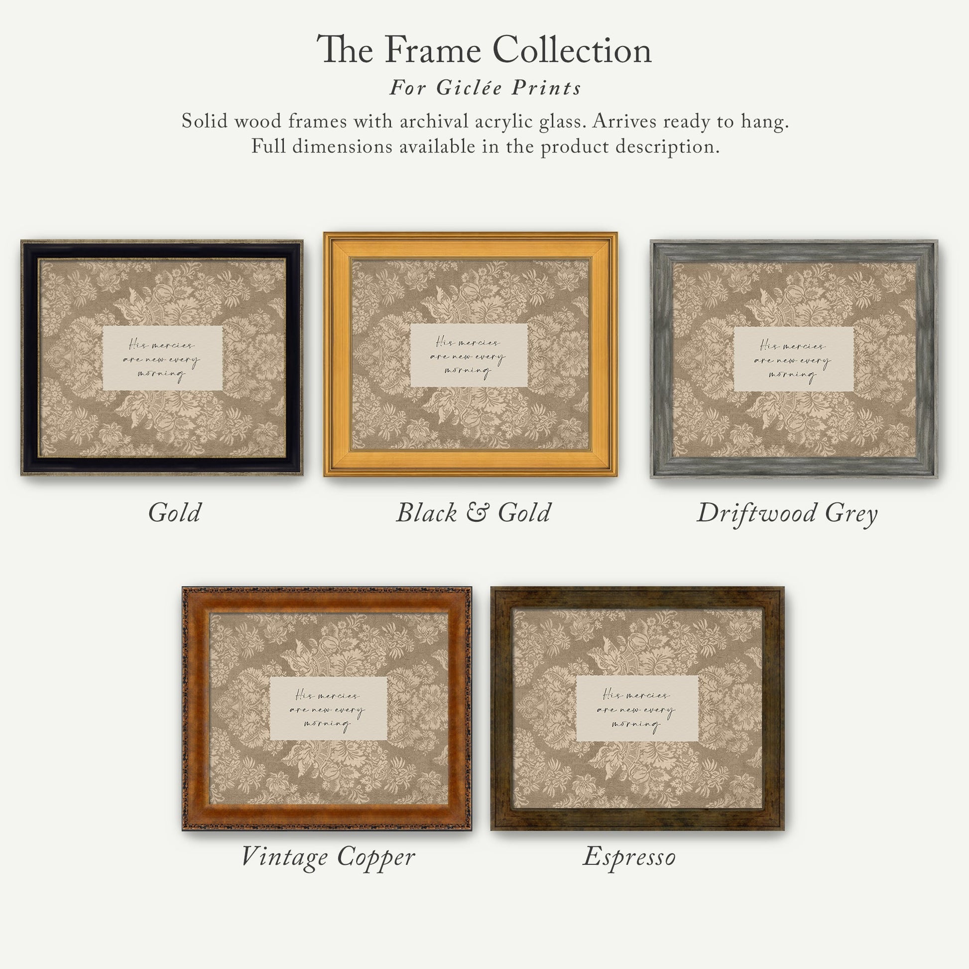 The image is a collection of six framed prints, each with a different color and frame style, arranged in a row.