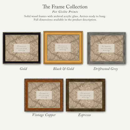 The image is a collection of six framed prints, each with a different color and frame style, arranged in a row.