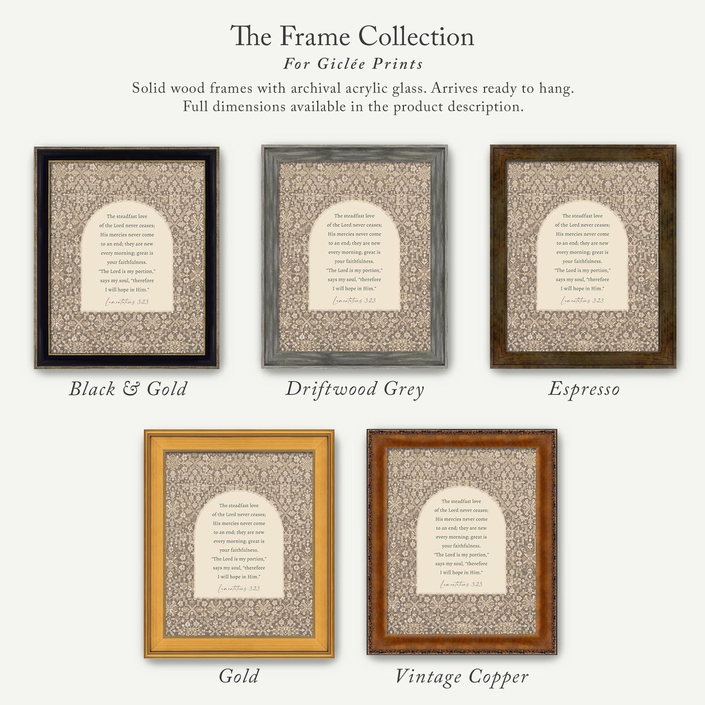 The image is a collection of five framed prints, each with a different color and frame material, showcasing the various options available for purchasing a frame for a print.