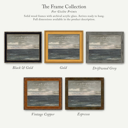 The image is a collection of six framed prints, each with a different color and frame style, showcasing various artistic interpretations of the same scene.