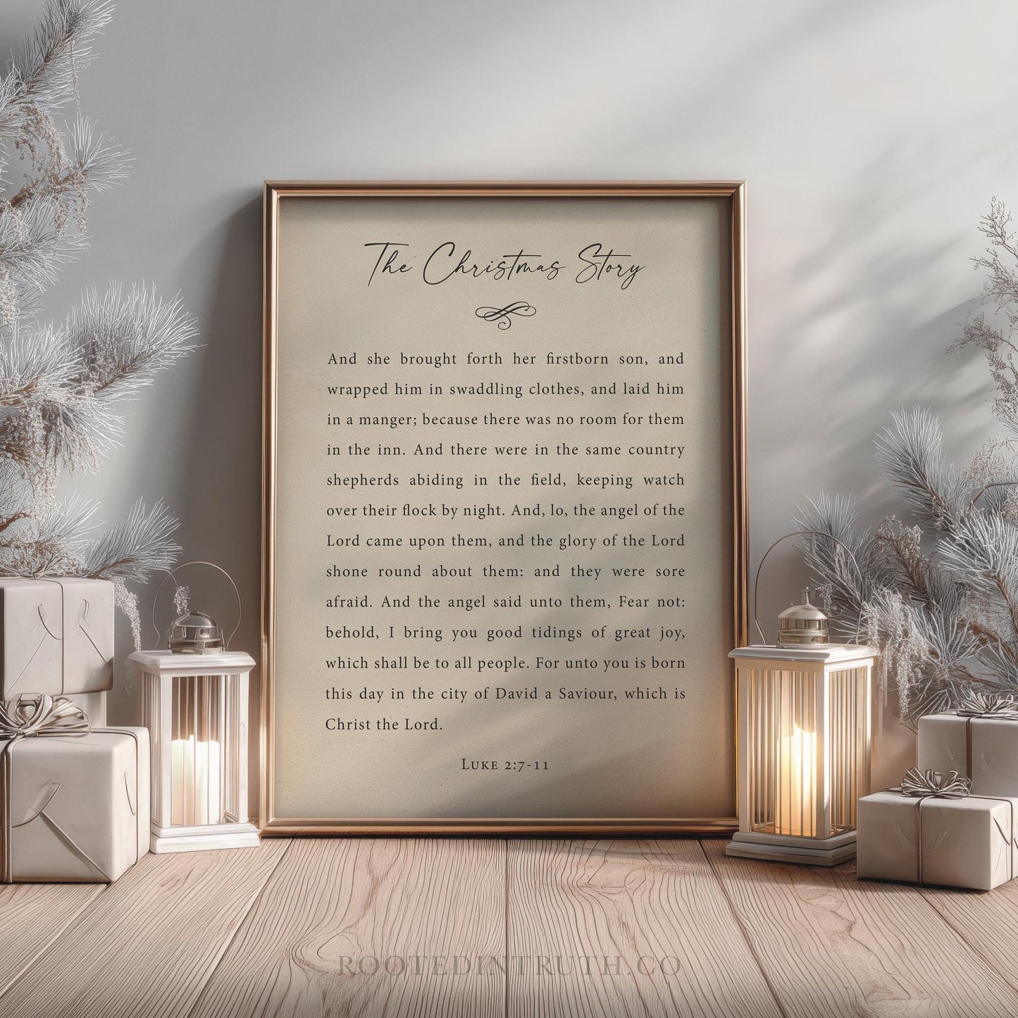 a framed text titled "The Christmas Story" with a background of white and silver decorations, including a Christmas tree, candles, and wrapped gifts.