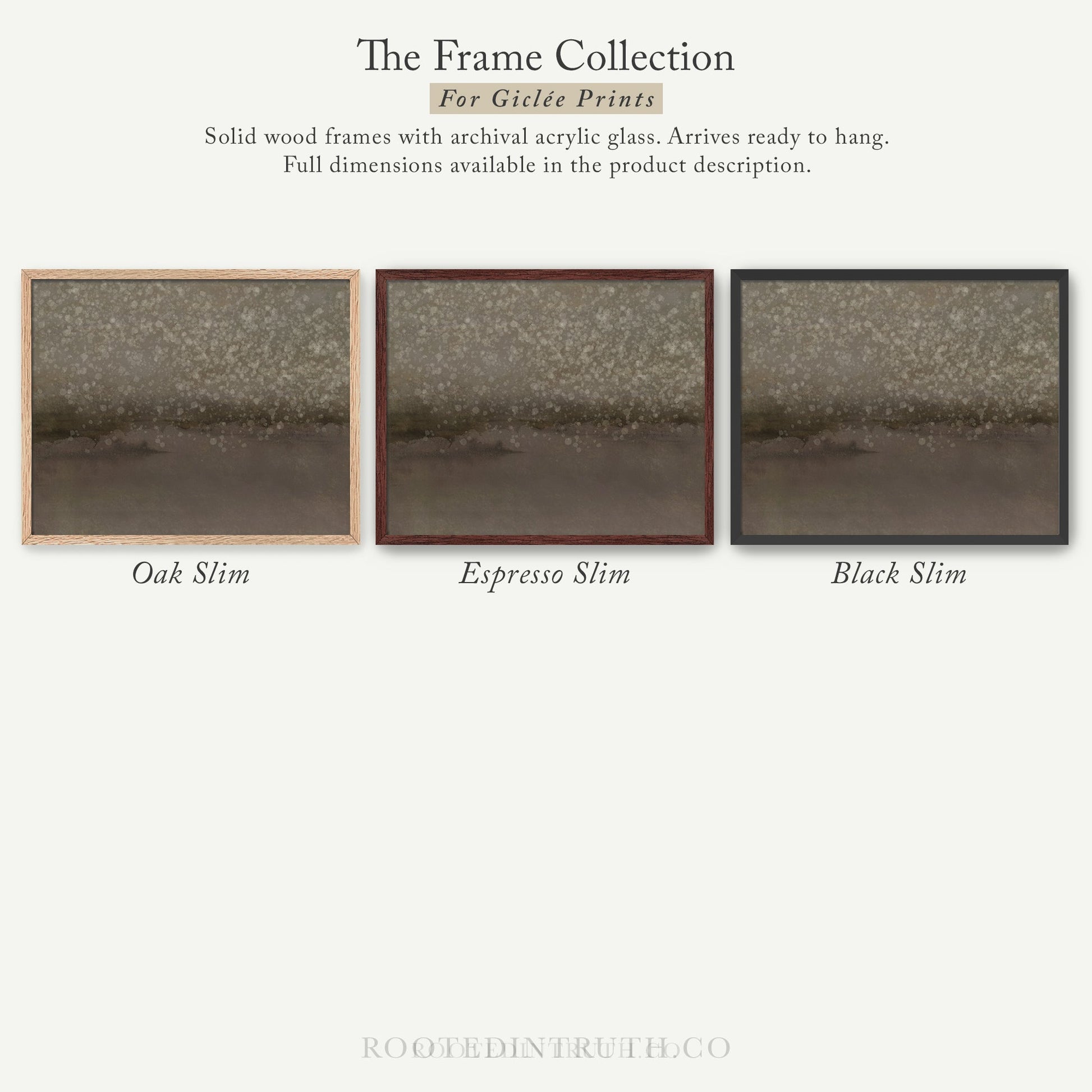 The image is a collection of three solid wood frames with archival acrylic glass, each with a different color and frame design. The frames are ready to hang and provide full dimensions in the product description.