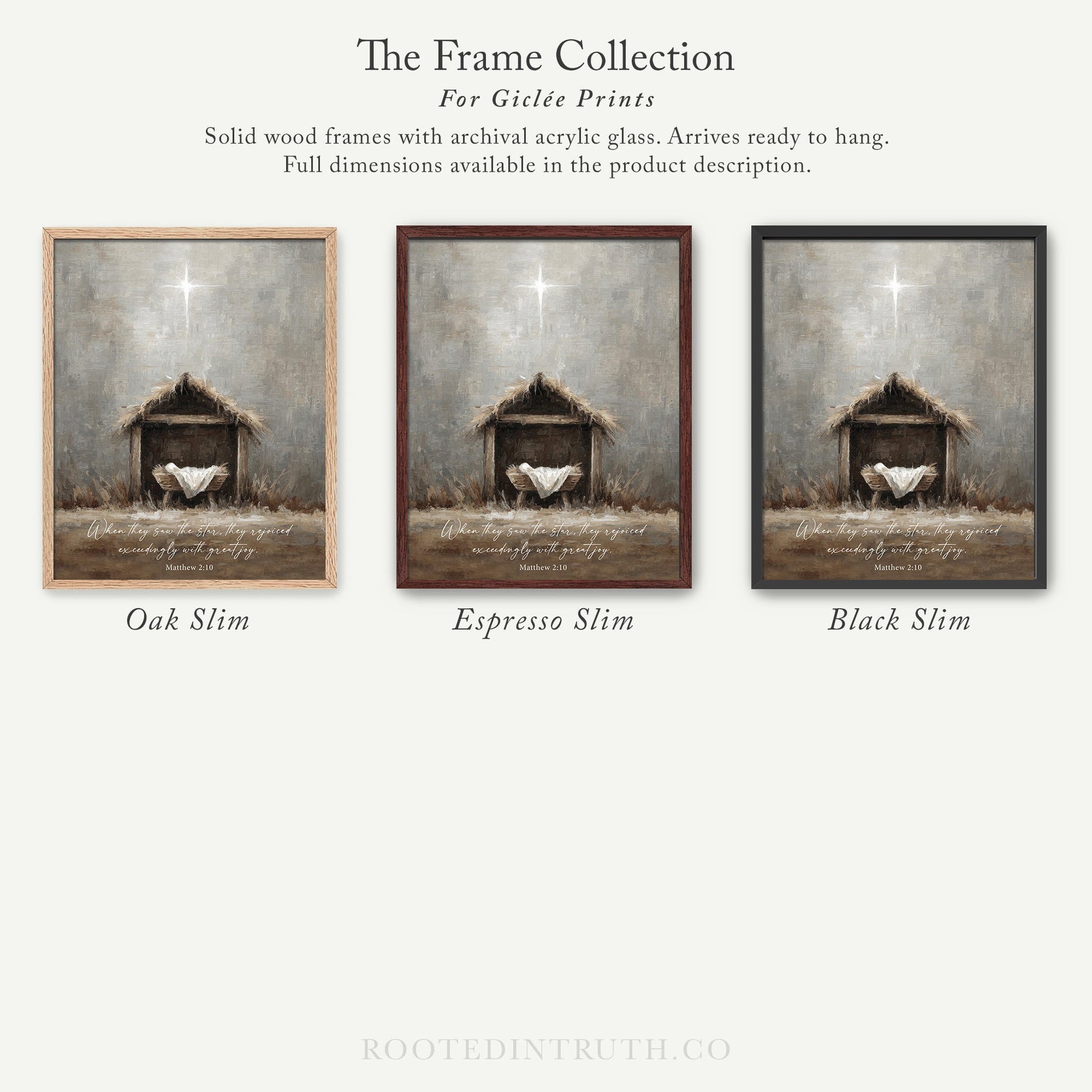 The image is a collection of three framed prints depicting scenes from the nativity story, specifically the birth of Jesus. The frames are solid wood with archival acrylic glass, which allows them to be hung and provides full dimensions in the product description.