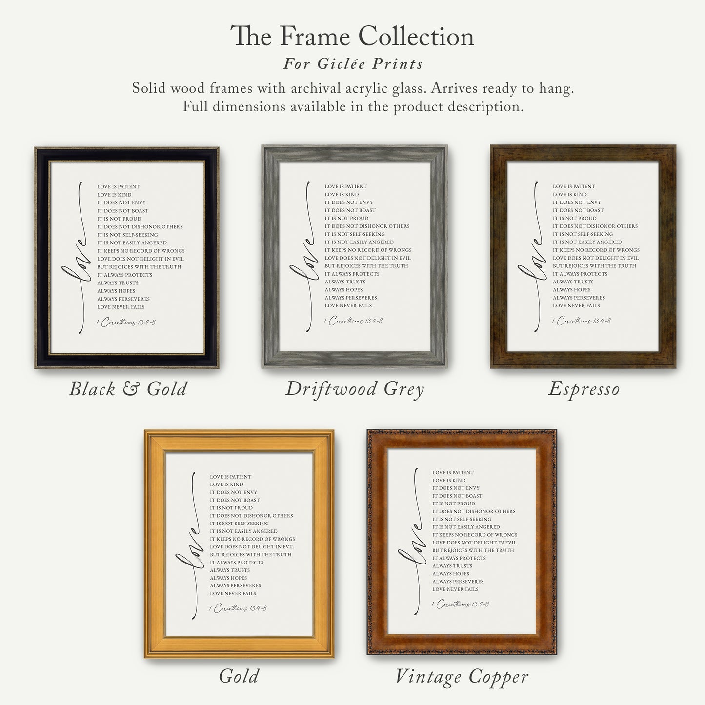 The image is a collection of six framed prints, each with a different color and frame style, showcasing the variety of options available for purchasing a frame for a print.