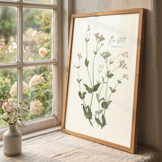 A framed print of a botanical illustration is displayed on a windowsill, with a vase of flowers and a window view of a garden in the background.