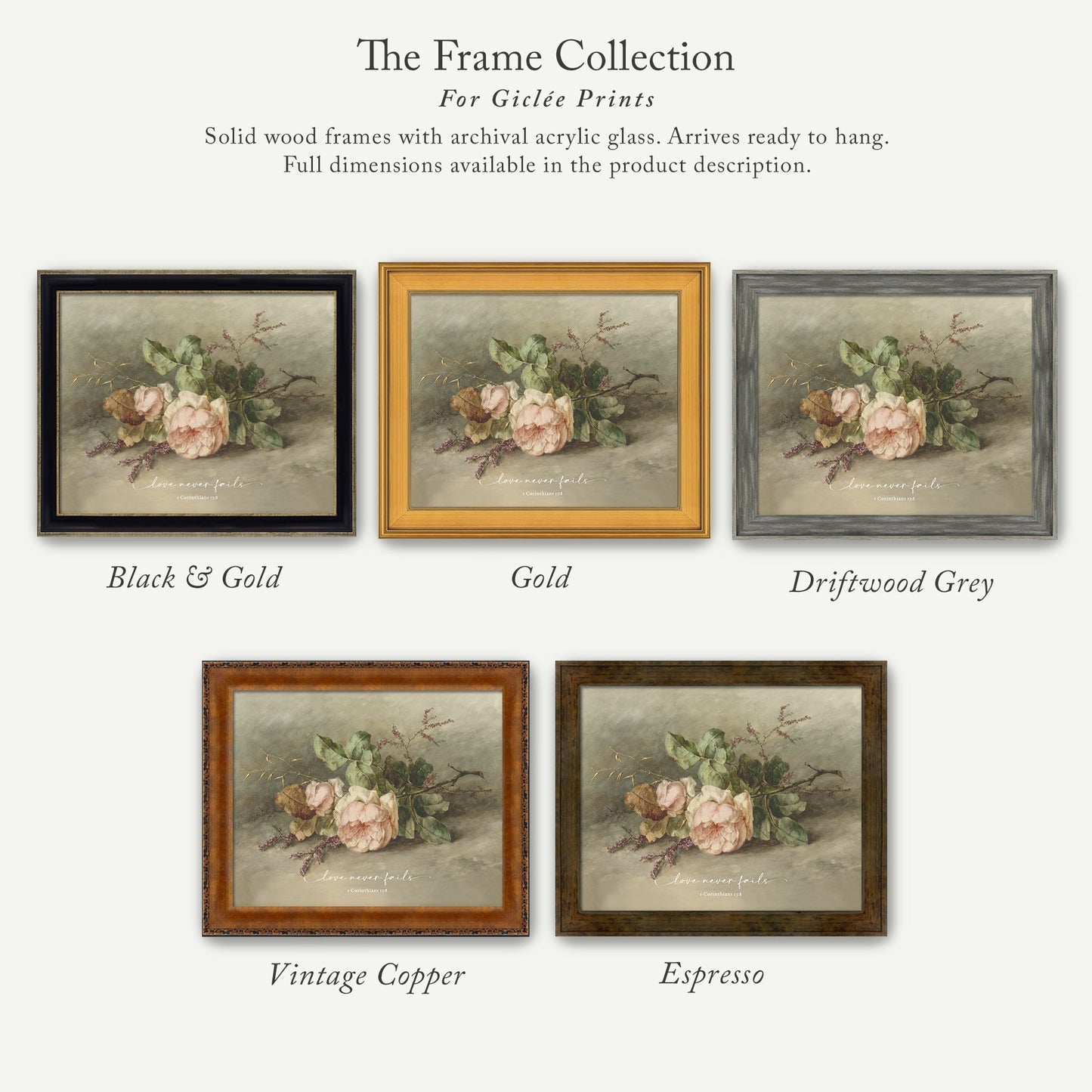 The image is a collage of five framed prints, each with a different color and frame style, showcasing the "The Frame Collection" for Girlette Prints.