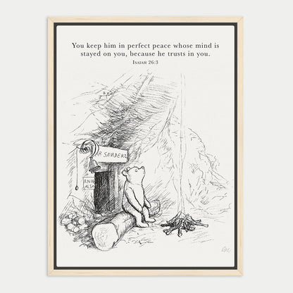 A black and white illustration of a bear sitting on a log, looking up at a sign that says "SANDER" and a small cabin in the background.