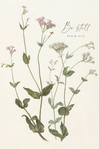 The image is a botanical illustration featuring various flowers and leaves, accompanied by the text "Be still" and a Bible verse reference.