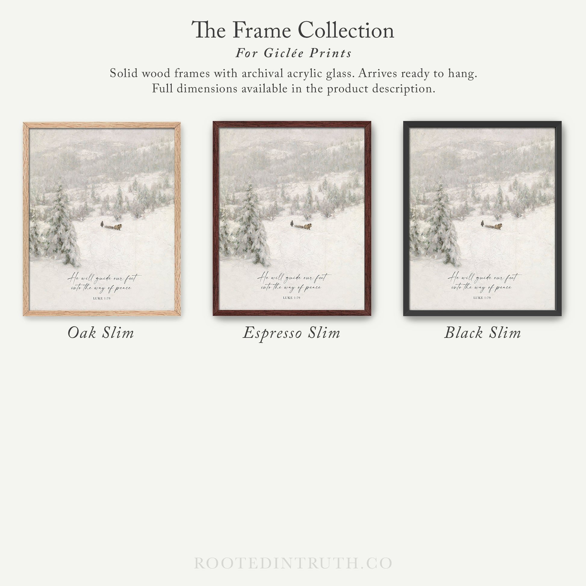The image is a collection of three framed prints, each depicting a snowy landscape with a person walking through the snow. The frames are made of solid wood and have archival acrylic glass, which allows them to be hung and displayed. The frames come in different sizes and are available in the product description.