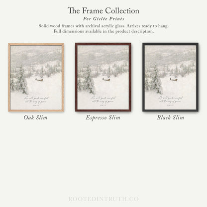 The image is a collection of three framed prints, each depicting a snowy landscape with a person walking through the snow. The frames are made of solid wood and have archival acrylic glass, which allows them to be hung and displayed. The frames come in different sizes and are available in the product description.