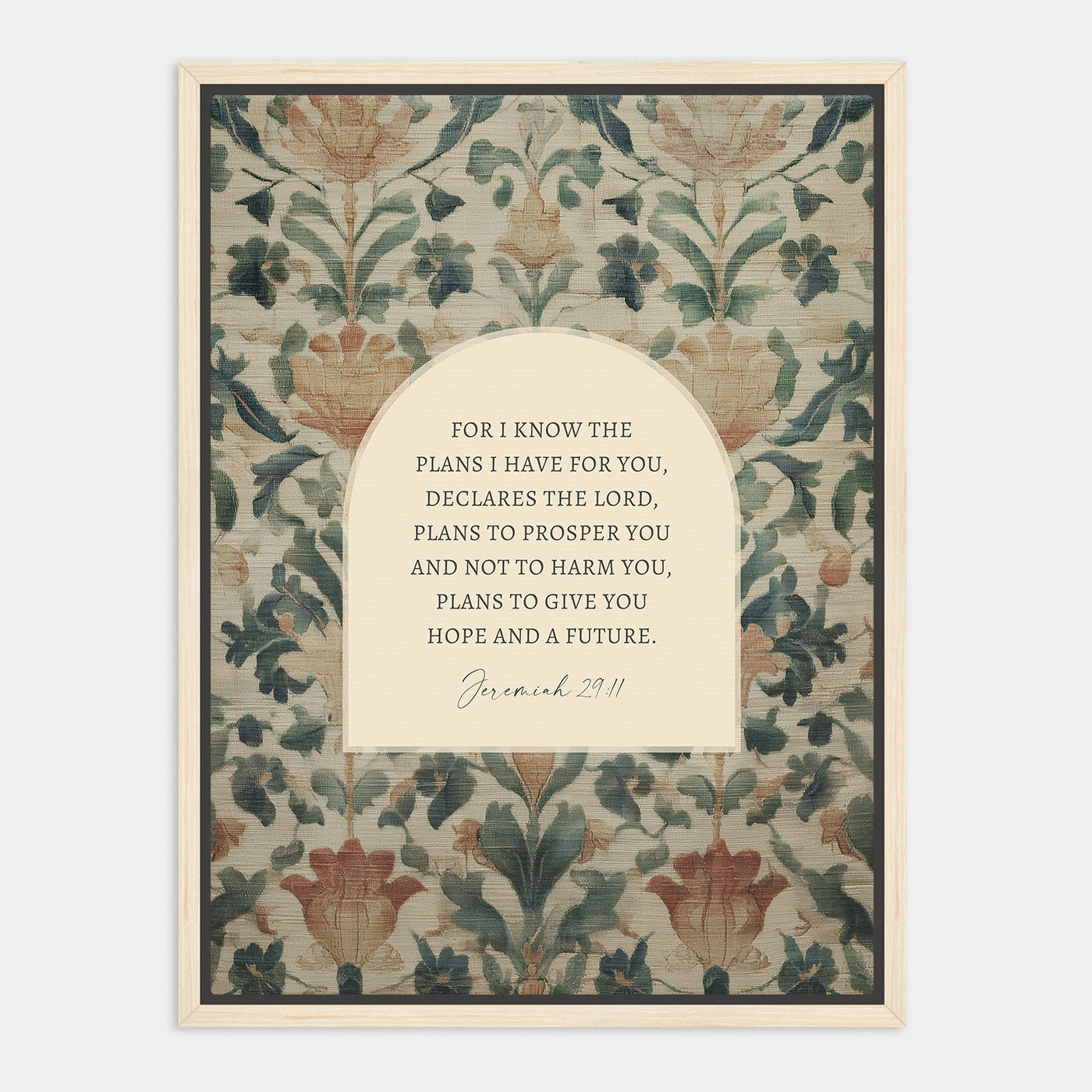 The image is a framed print featuring a floral pattern with a quote from the Bible verse Jeremiah 29:11.