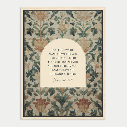 The image is a framed print featuring a floral pattern with a quote from the Bible verse Jeremiah 29:11.