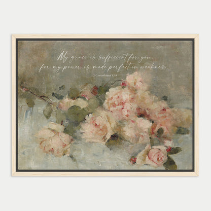 The image is a framed painting depicting a bouquet of pink and white roses against a light green background.
