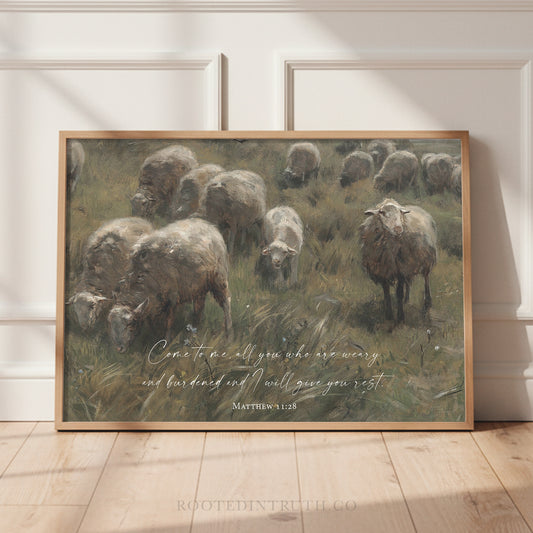 The image is a framed painting depicting a pastoral scene with a flock of sheep grazing in a grassy field.