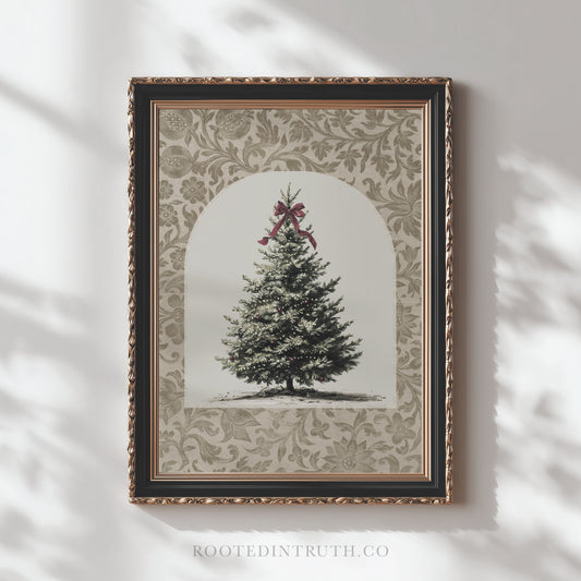 A framed picture of a Christmas tree with a red bow on top, set against a decorative floral background.