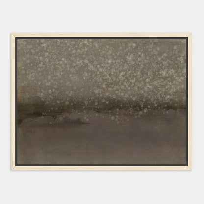 The image is a framed painting depicting a landscape with a hazy, gray background and scattered white dots, creating a sense of movement and depth.