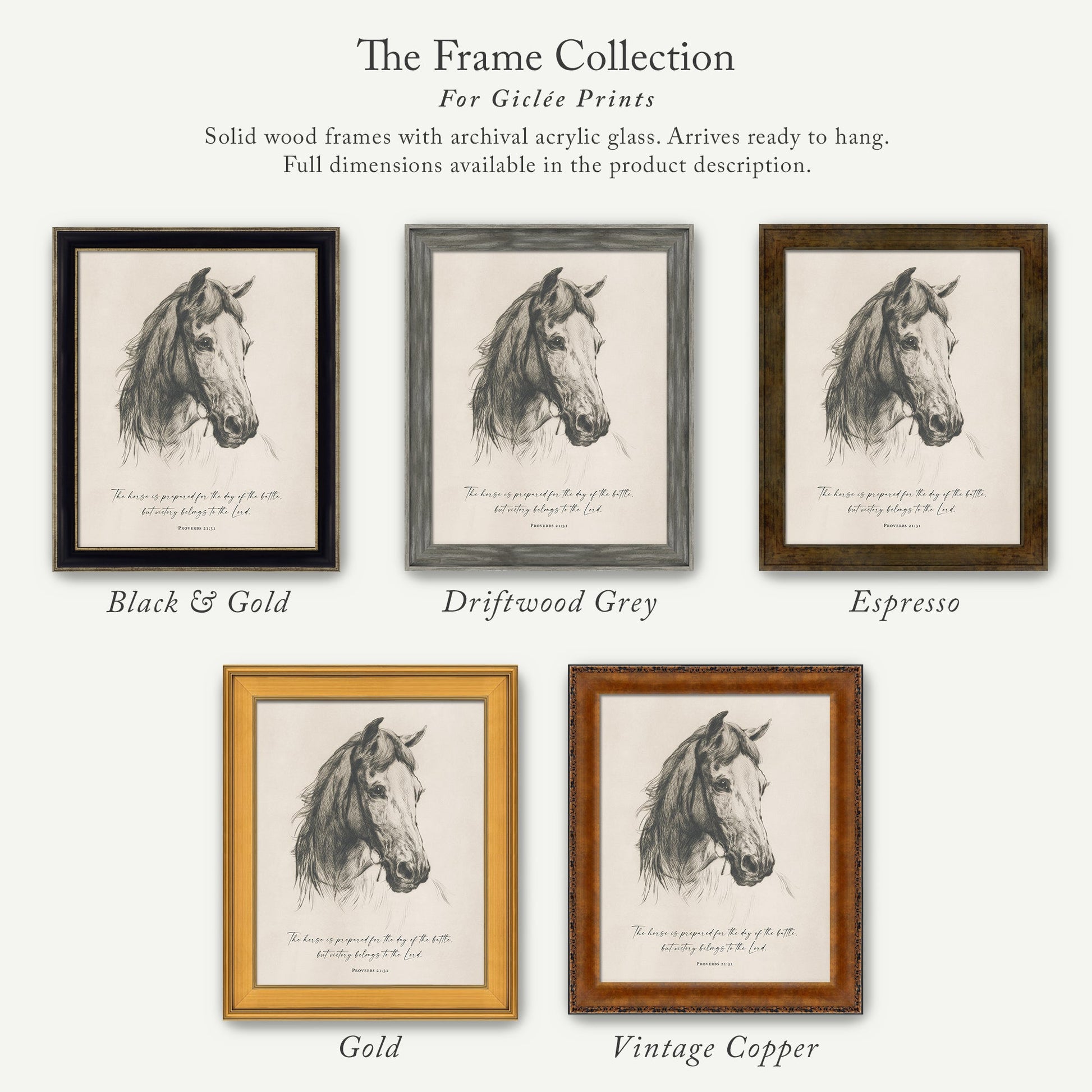 The image is a collection of five framed prints, each with a different color and frame style, showcasing the variety of options available for purchasing or displaying artwork.