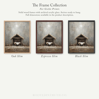 The image is a collection of three framed prints depicting scenes from the nativity story, specifically the birth of Jesus. The frames are solid wood with archival acrylic glass, which allows them to be hung and provides full dimensions in the product description.