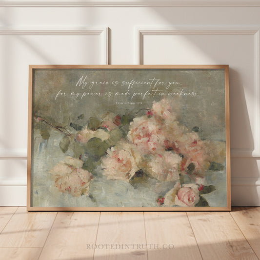 The image is a framed painting of a bouquet of pink and white roses, with a quote from the Bible verse 2 in the top right corner.
