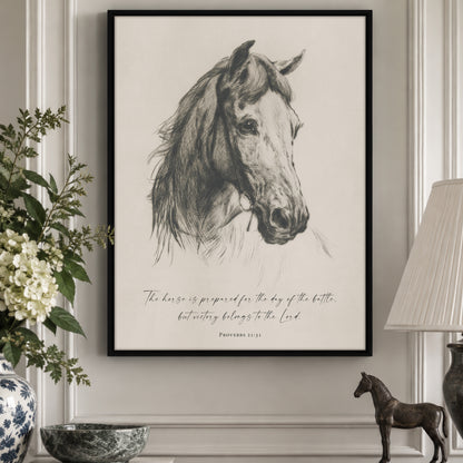 a framed black and white drawing of a horse's head, with a quote from the Bible below it.