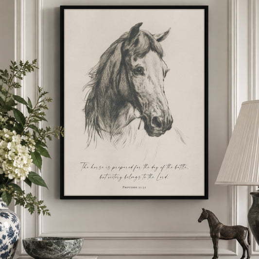 a framed black and white drawing of a horse's head, with a quote from the Bible below it.