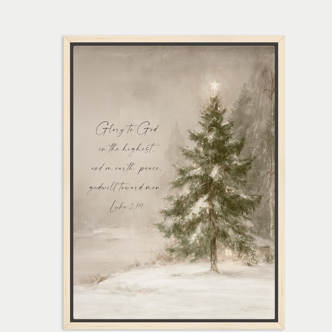 a snowy landscape with a tall, snow-covered pine tree in the foreground. The background is a hazy, misty scene, creating a serene and peaceful atmosphere. The text overlay provides a biblical quote from the book of Luke 2:19, which reads "Glory to God on the highest, and on earth peace, God will increase the man."