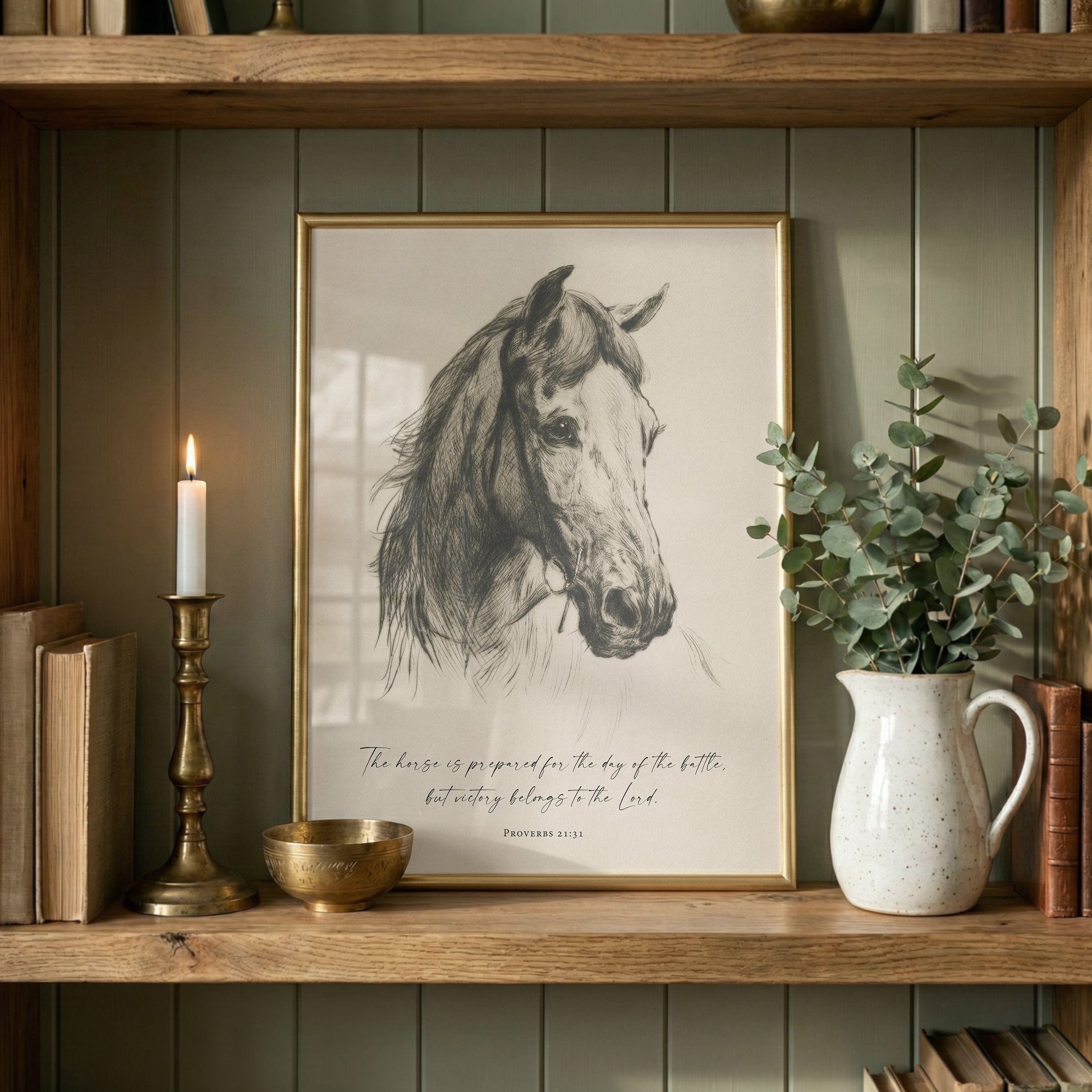 a framed drawing of a horse, a lit candle, a white vase with greenery, and a small bowl on a wooden shelf.
