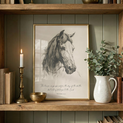 a framed drawing of a horse, a lit candle, a white vase with greenery, and a small bowl on a wooden shelf.