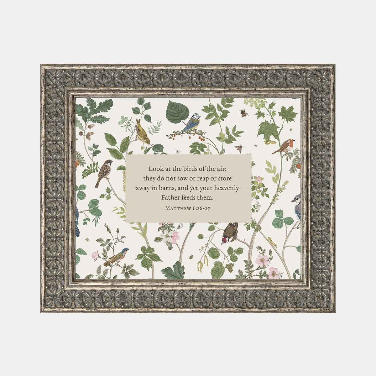 The image is a framed print featuring a collage of various bird illustrations, including finches, sparrows, and other small birds, set against a background of leaves and flowers. The text within the frame provides a biblical quote about the importance of birds and their role in nature.
