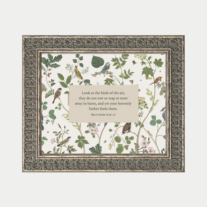The image is a framed print featuring a collage of various bird illustrations, including finches, sparrows, and other small birds, set against a background of leaves and flowers. The text within the frame provides a biblical quote about the importance of birds and their role in nature.