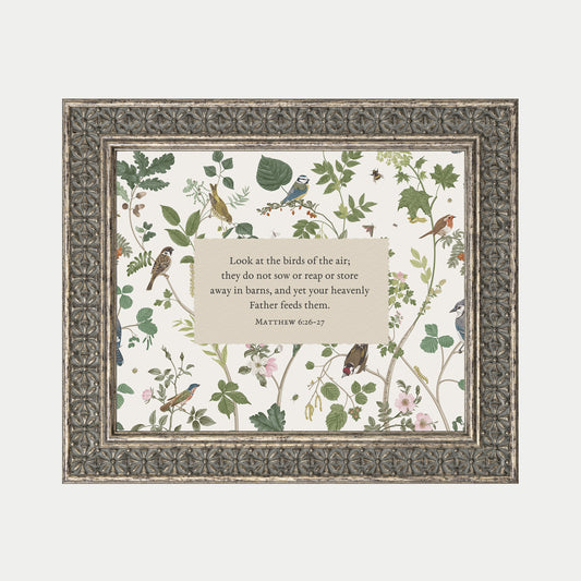 The image is a framed print featuring a collage of various bird illustrations, including finches, sparrows, and other small birds, set against a background of leaves and flowers. The text within the frame provides a biblical quote about the importance of birds and their role in nature.