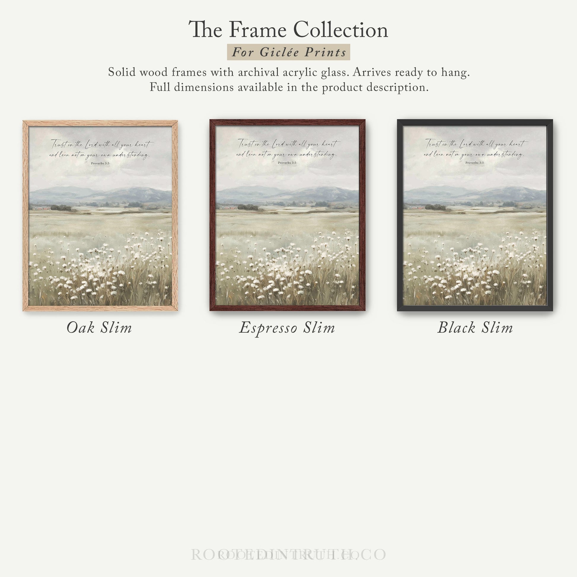 The image is a collection of three framed prints, each depicting a different landscape scene. The prints are solid wood frames with archival acrylic glass, which are ready to hang. The full dimensions of the prints are available in the product description.