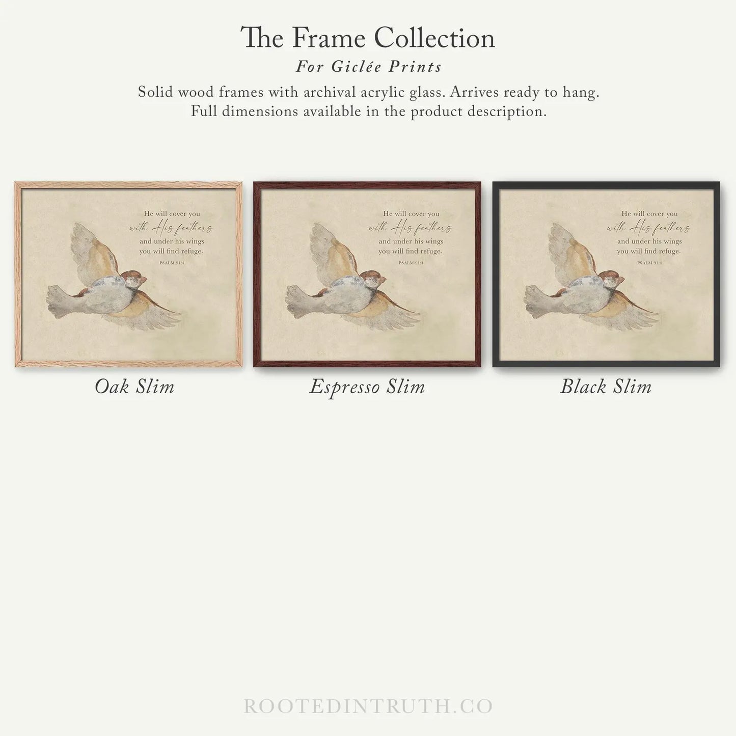 The image is a collection of three framed prints, each with a different color and style, showcasing the frames for giraffe prints.