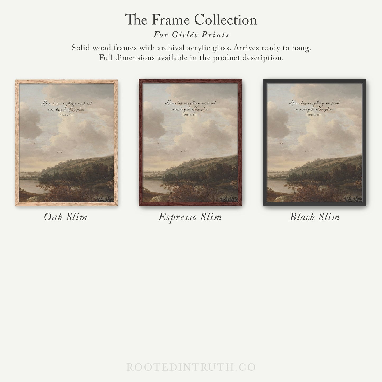 The image is a collection of three framed prints, each with a different color and style, arranged in a row.