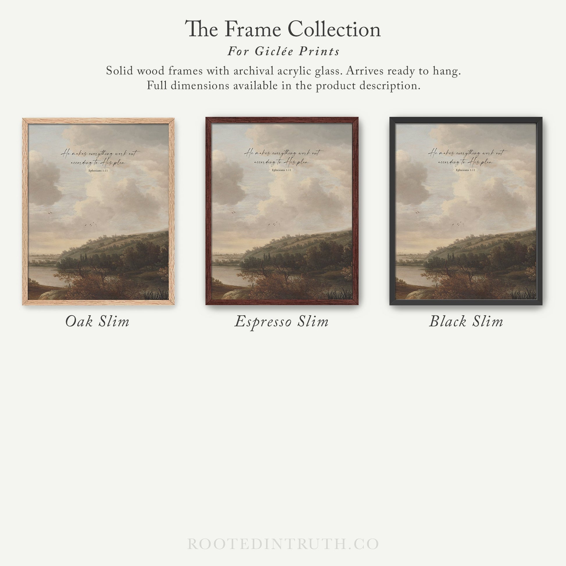 The image is a collection of three framed prints, each with a different color and style, arranged in a row.