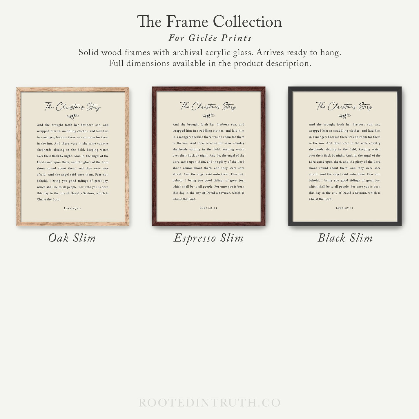 The image is a collection of three framed prints, each with a different color and size, arranged in a row. The text on the prints is a religious story, and the image description should avoid redundancy and focus on the content of the prints.