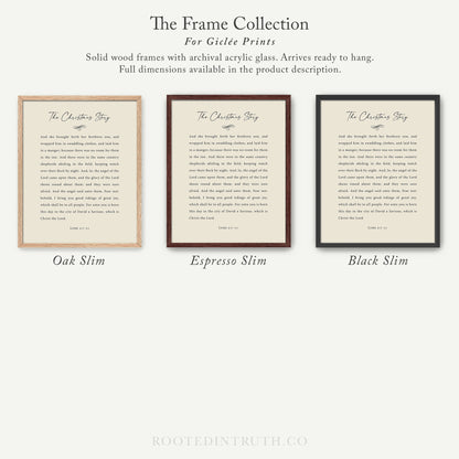 The image is a collection of three framed prints, each with a different color and size, arranged in a row. The text on the prints is a religious story, and the image description should avoid redundancy and focus on the content of the prints.