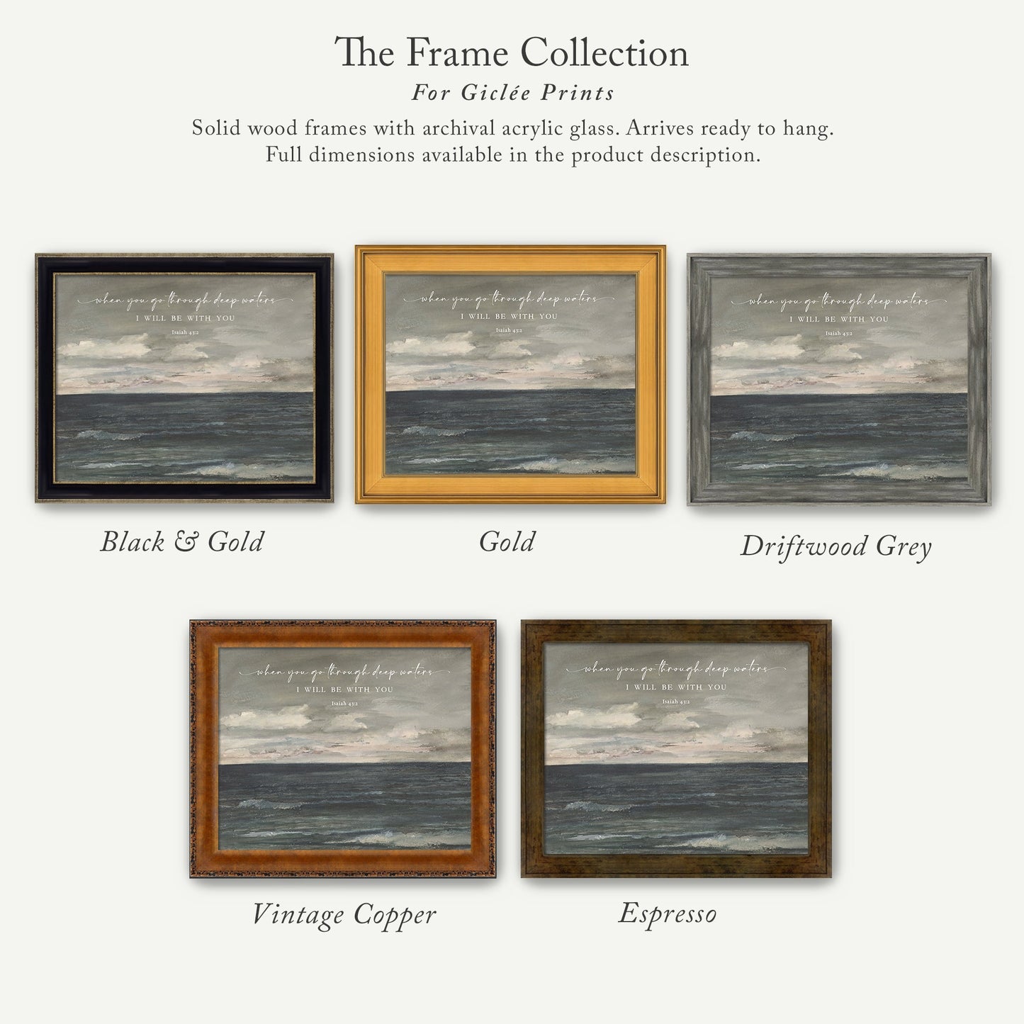 The image is a collection of six framed prints, each with a different color and frame style, showcasing various artistic interpretations of the same scene.