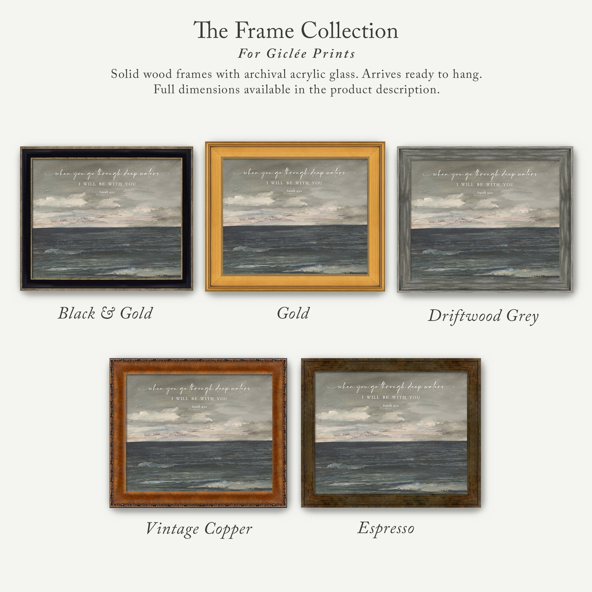 The image is a collection of six framed prints, each with a different color and frame style, showcasing various artistic interpretations of the same scene.