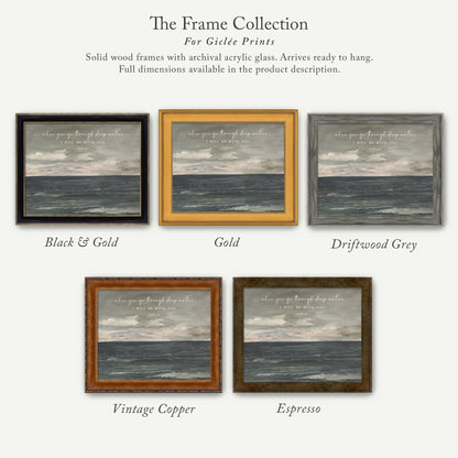 The image is a collection of six framed prints, each with a different color and frame style, showcasing various artistic interpretations of the same scene.