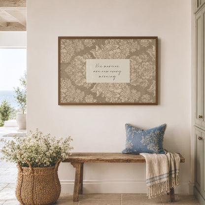 a cozy and inviting interior space with a wooden bench, a wicker basket filled with white flowers, and a framed inspirational quote on the wall.