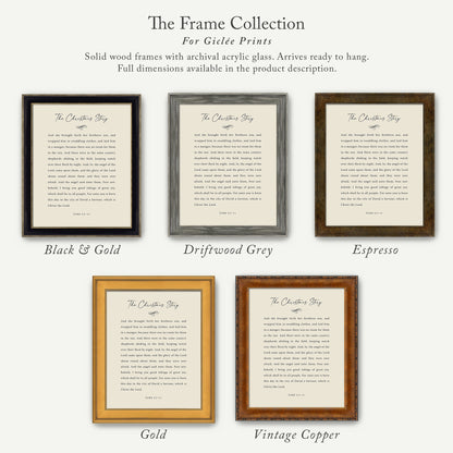 The image is a collection of five framed prints, each with a different color and size, titled "The Christmas Story". The text in the frames is a religious story, and the frames are described as solid wood frames with archival acrylic glass, arriving ready to hang. Full dimensions are available in the product description.